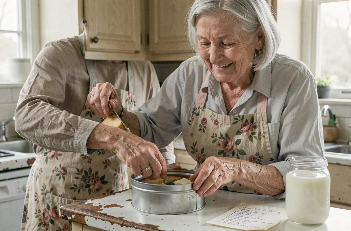 Grand-mère souriante en tablier fleuri sortant un gâteau au yaourt de son moule dans une cuisine traditionnelle