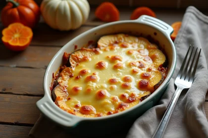 Gratin de courge bleu de Hongrie au fromage fondu dans un plat en céramique sur une table en bois rustique