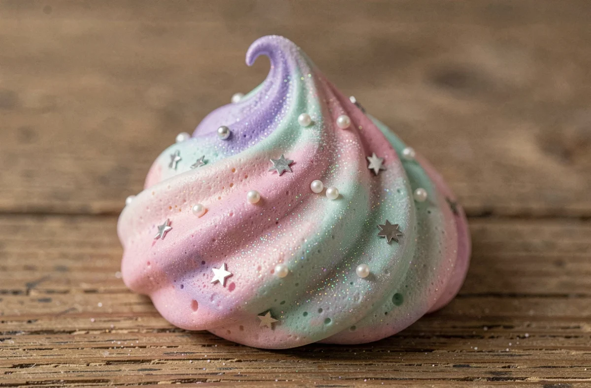 Gros plan d'une crotte de licorne en meringue multicolore avec des étoiles comestibles argentées et des perles de sucre nacrées