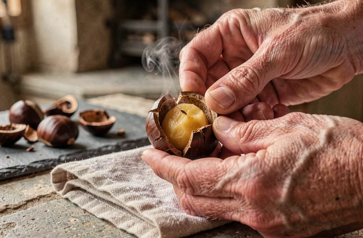 Gros plan de mains épluchant une châtaigne rôtie dont la peau craquelée révèle la chair dorée