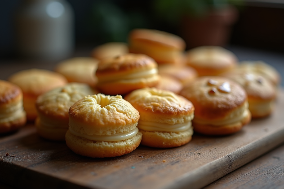 Gros plan de madeleines dorées sur une table en bois