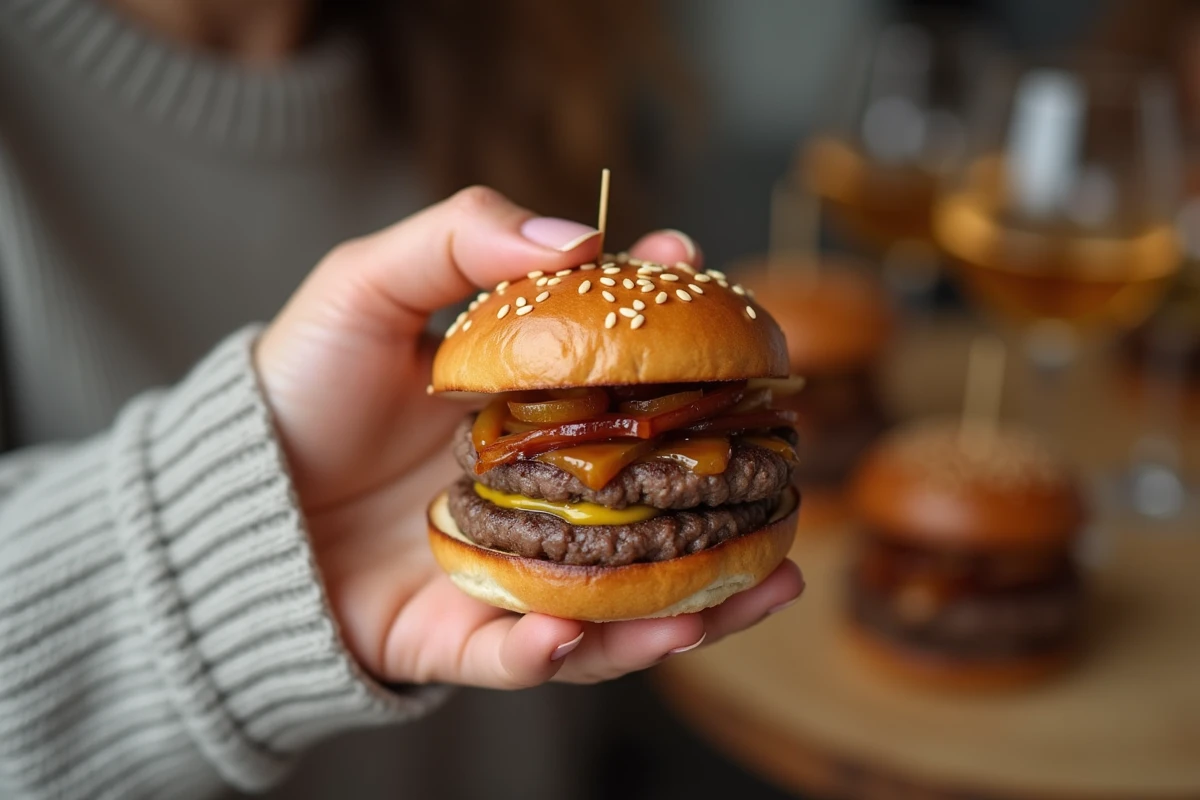 Gros plan d'une main tenant un mini hamburger apéro maison avec steak haché, oignons caramélisés et cornichons