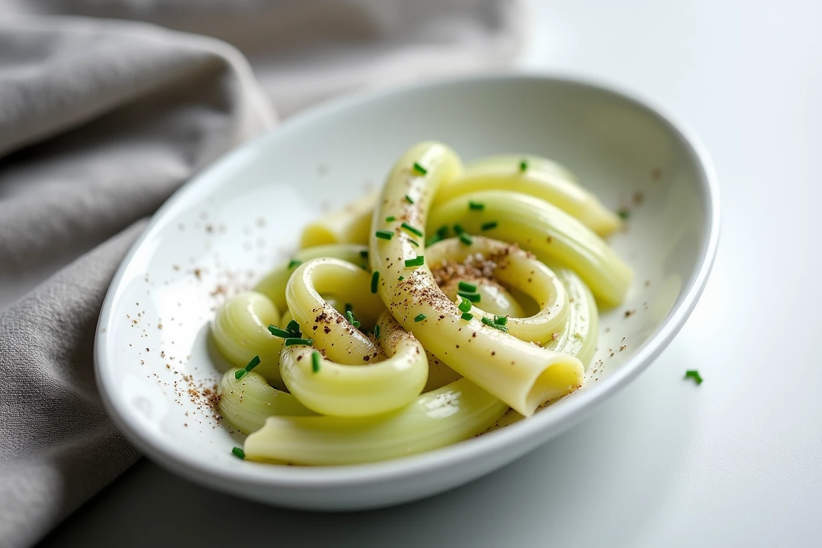 Gros plan d'une assiette de poireaux cuits à l'eau assaisonnés de fleur de sel, poivre, jus de citron et ciboulette fraîche