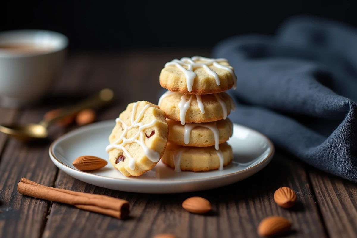 Gros plan sur une pile de sablés amande de Noël avec glaçage royal sur assiette blanche, ambiance hivernale cosy