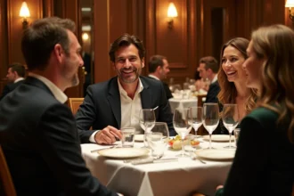 Groupe d'adultes élégants partageant un rire dans un restaurant chic