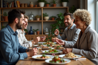 Groupe de quatre adultes autour d'une table rustique en cuisine chaleureuse