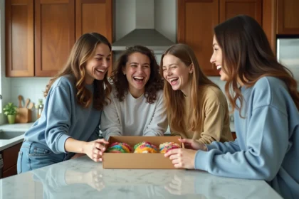 Jeunes adultes partageant des cookies colorés dans une cuisine moderne