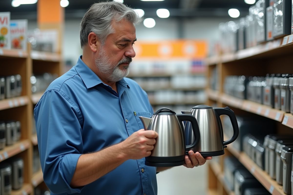 Homme comparant une bouilloire en métal et en plastique en magasin