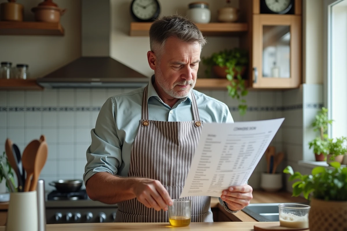 Homme consulte un tableau de conversion en cuisinant