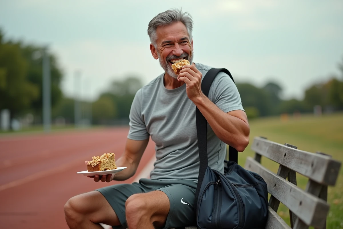Homme après course dégustant une tranche de gâteau d