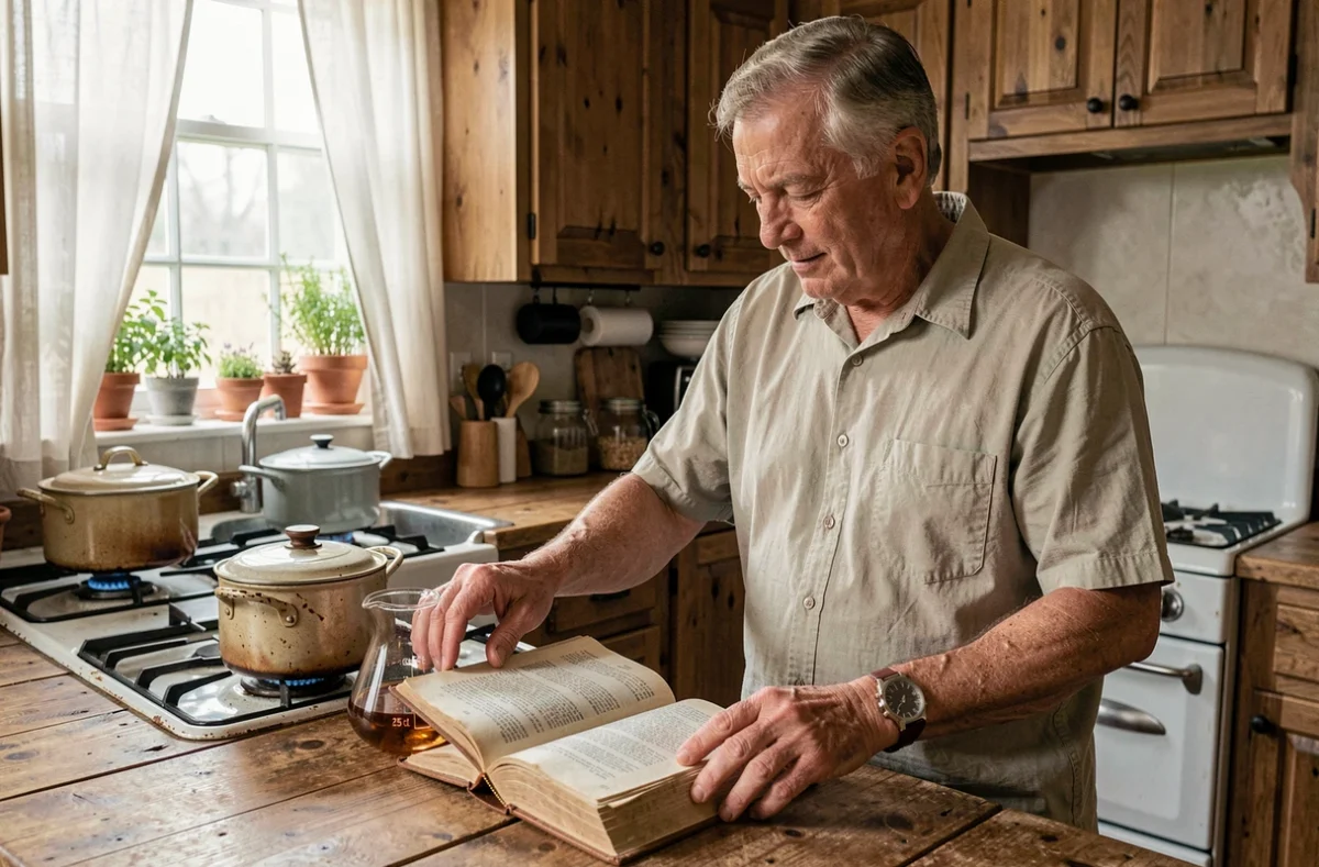 Homme âgé consultant un livre de recettes en cuisine avec une carafe dosée à 25 cl près d'une casserole