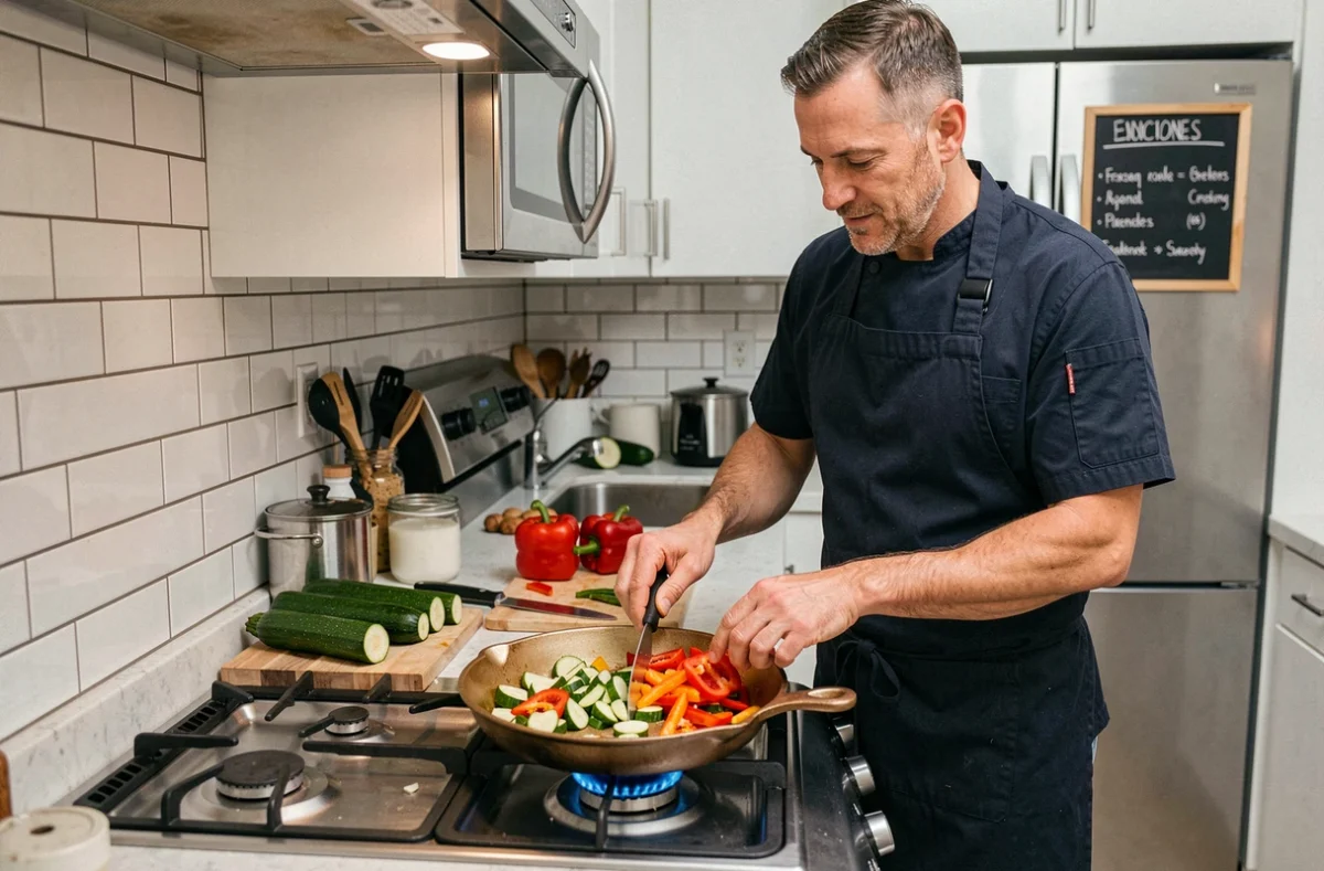 Homme cuisinant des légumes colorés dans une poêle en fonte sur gazinière dans une cuisine urbaine organisée