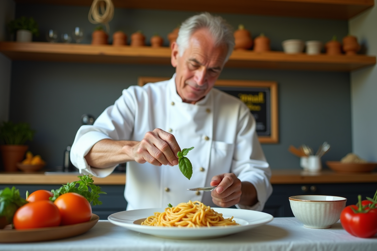 Homme saupoudrant du basilic sur un plat de pâtes