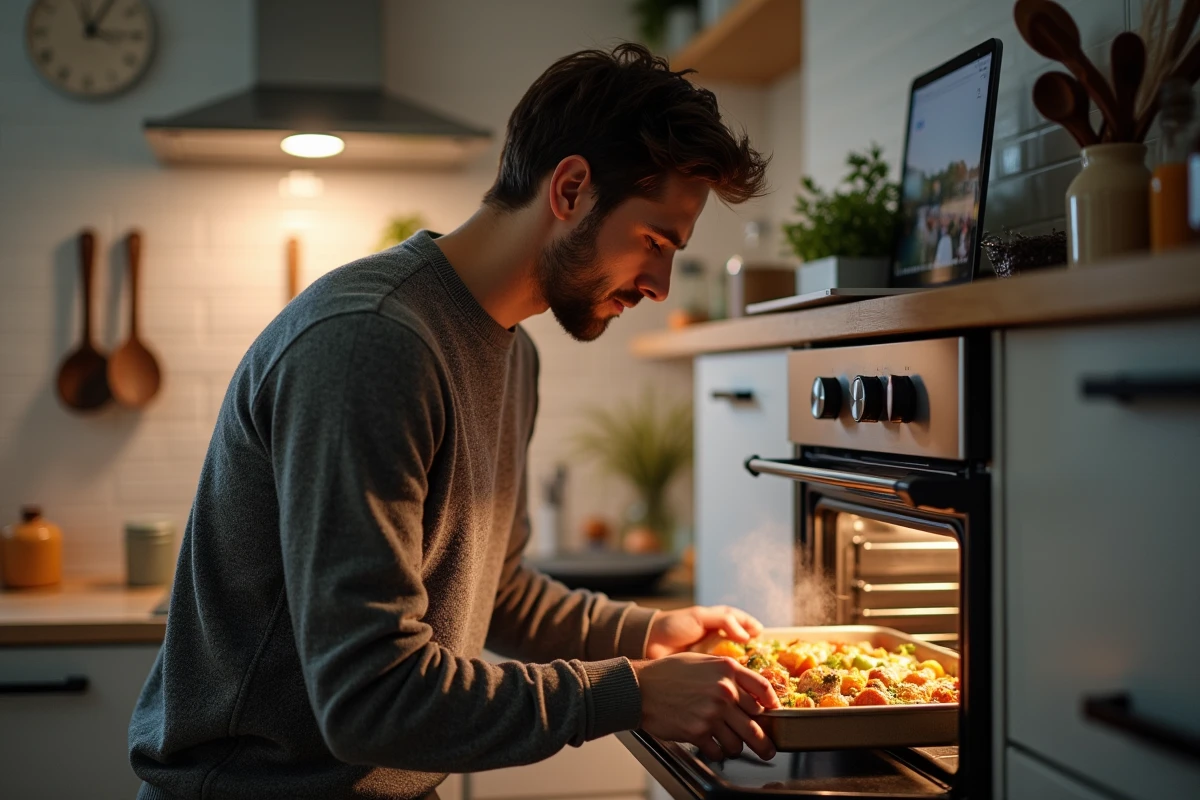 Jeune homme vérifiant un plat dans le four avec un timer