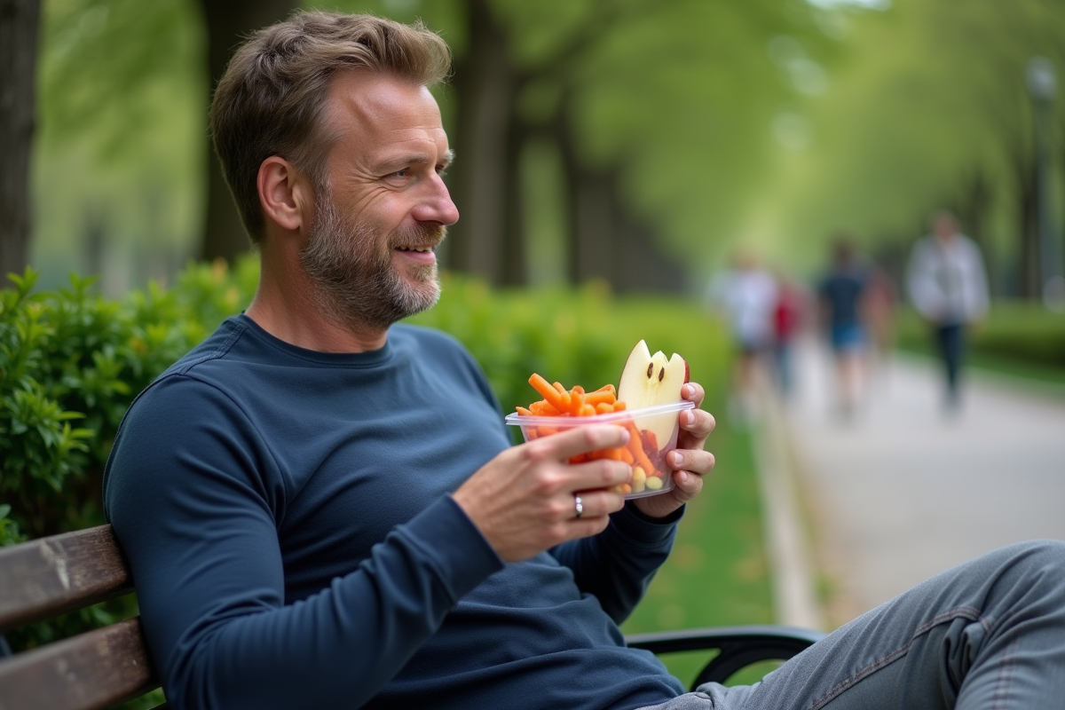 Homme détendu dégustant des fruits dans un parc verdoyant
