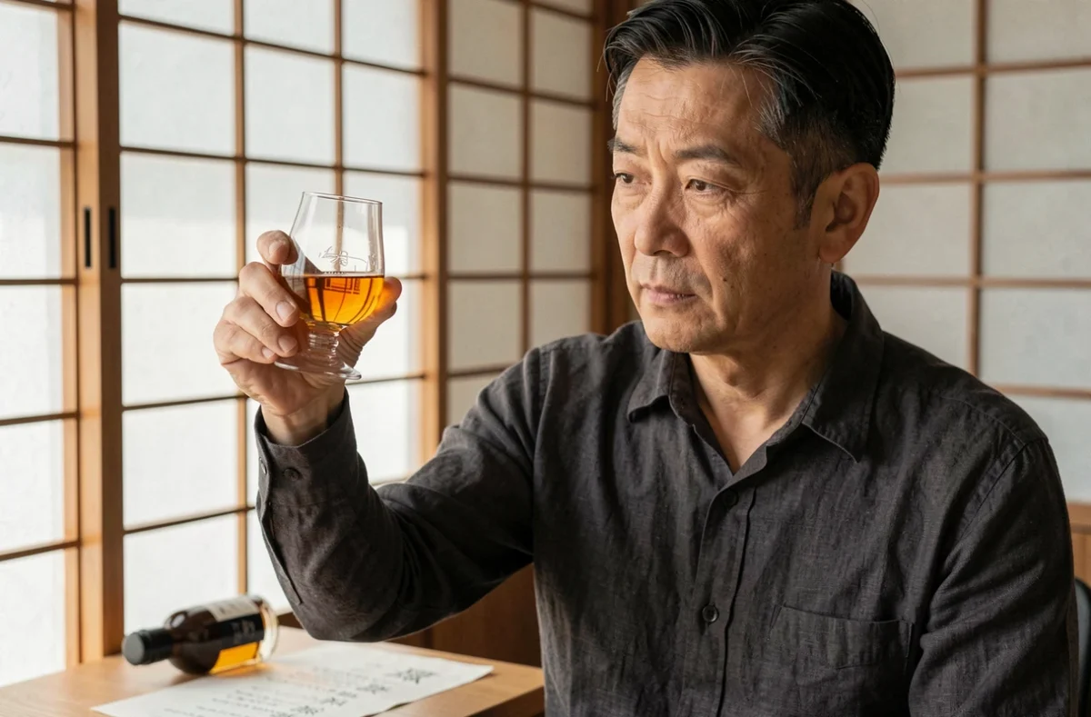 Homme japonais examinant un verre de whisky japonais devant un panneau shoji dans une salle de dégustation traditionnelle