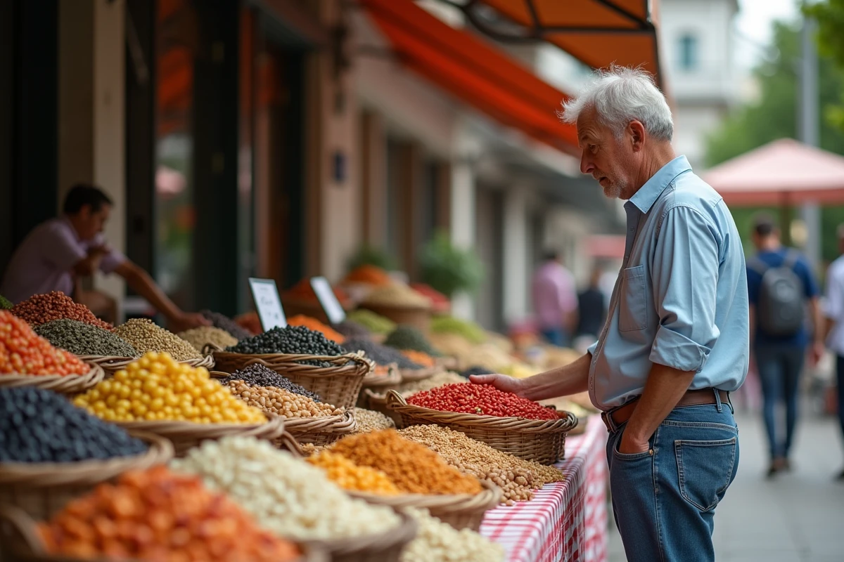 Homme choisissant legumes frais au marché en plein air