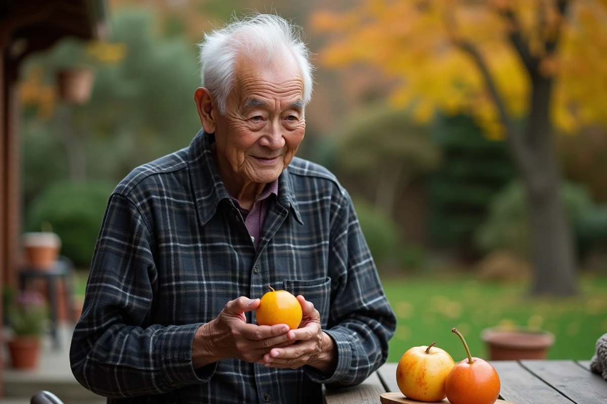 Homme âgé dégustant un kaki dans son jardin automnal
