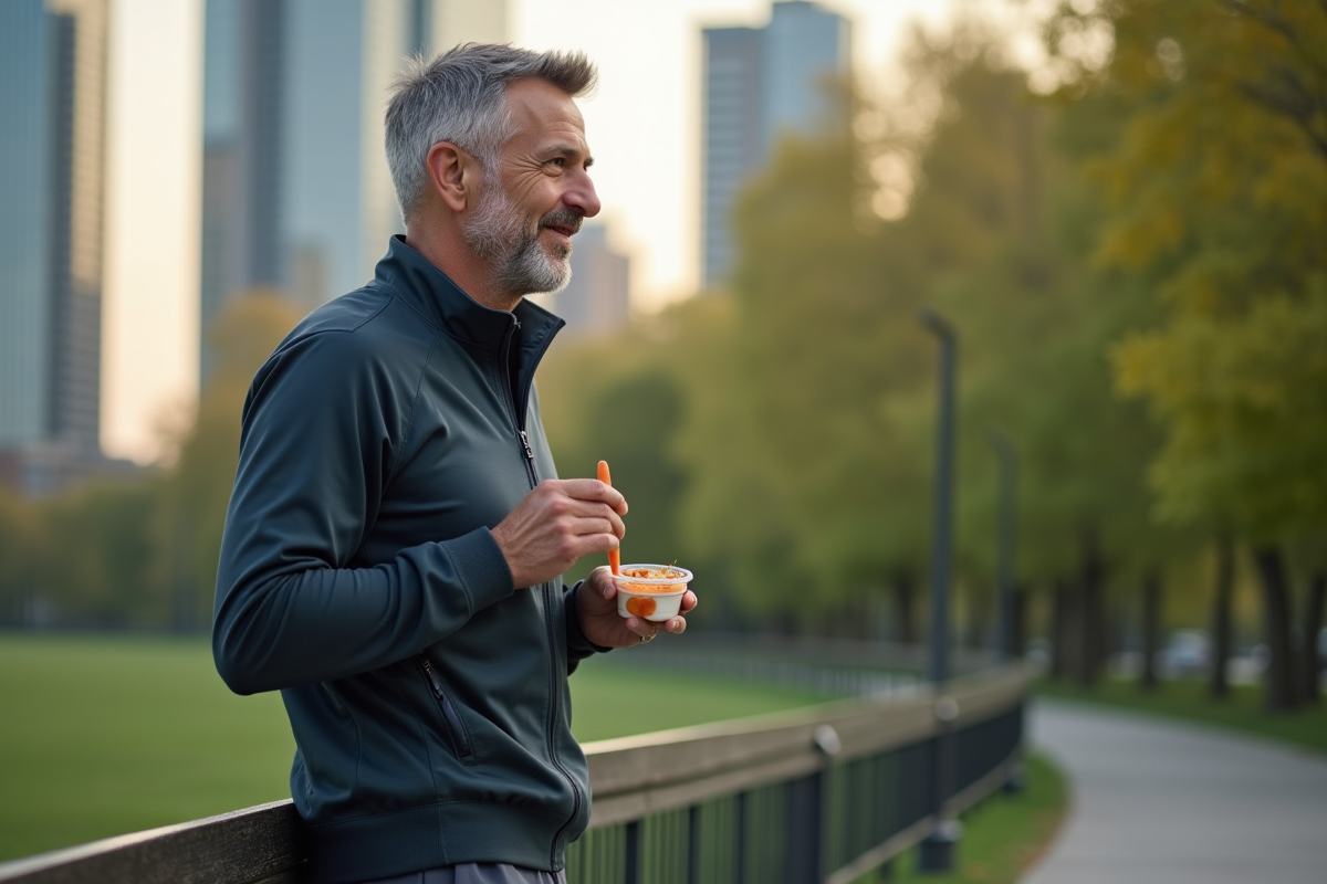 Homme en plein air déguste des carottes et hummus dans un parc