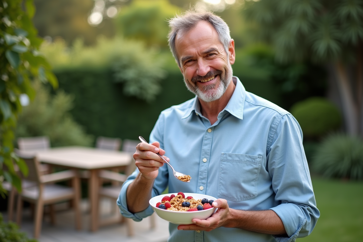 Homme dégustant un bol de granola aux fruits dans un jardin ensoleille