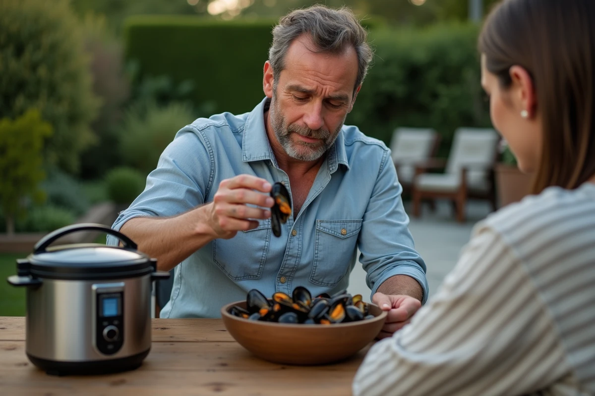 Homme dégustant des moules en extérieur dans un jardin