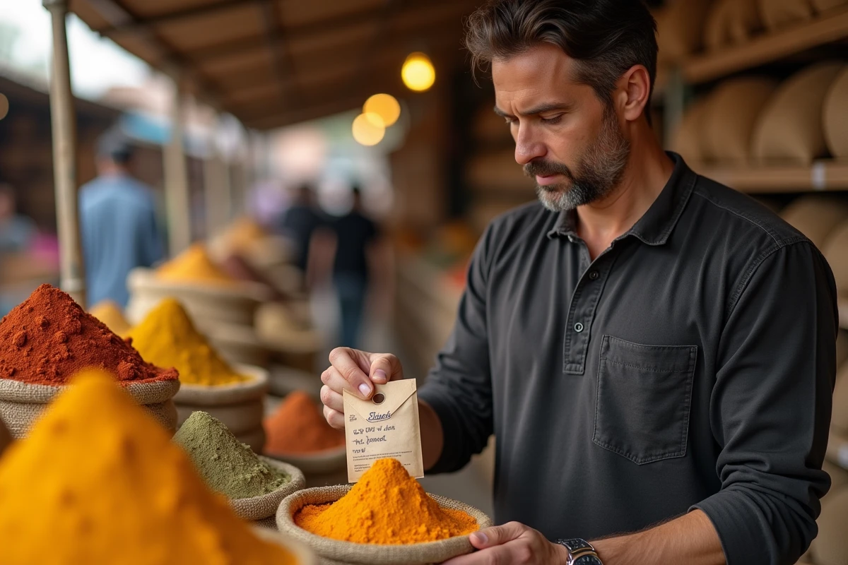 Homme tenant un sachet de curcuma dans un marché d'épices coloré en plein air