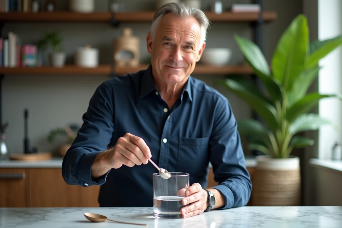 Homme utilise une cuillere doseuse sur un plan de marbre