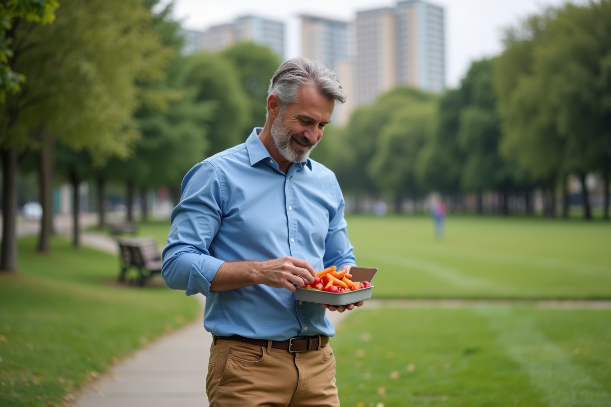 Homme dans un parc avec des légumes frais