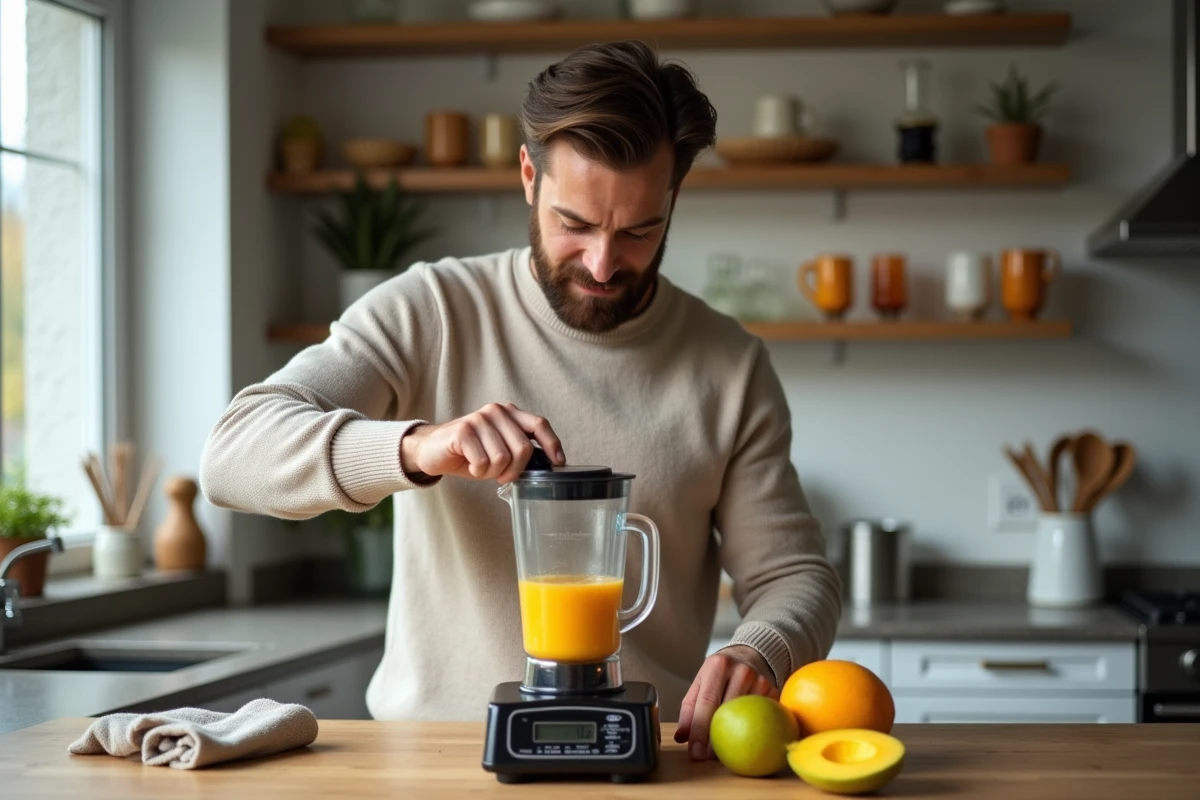 Homme pèse une mangue pour smoothie dans une cuisine moderne