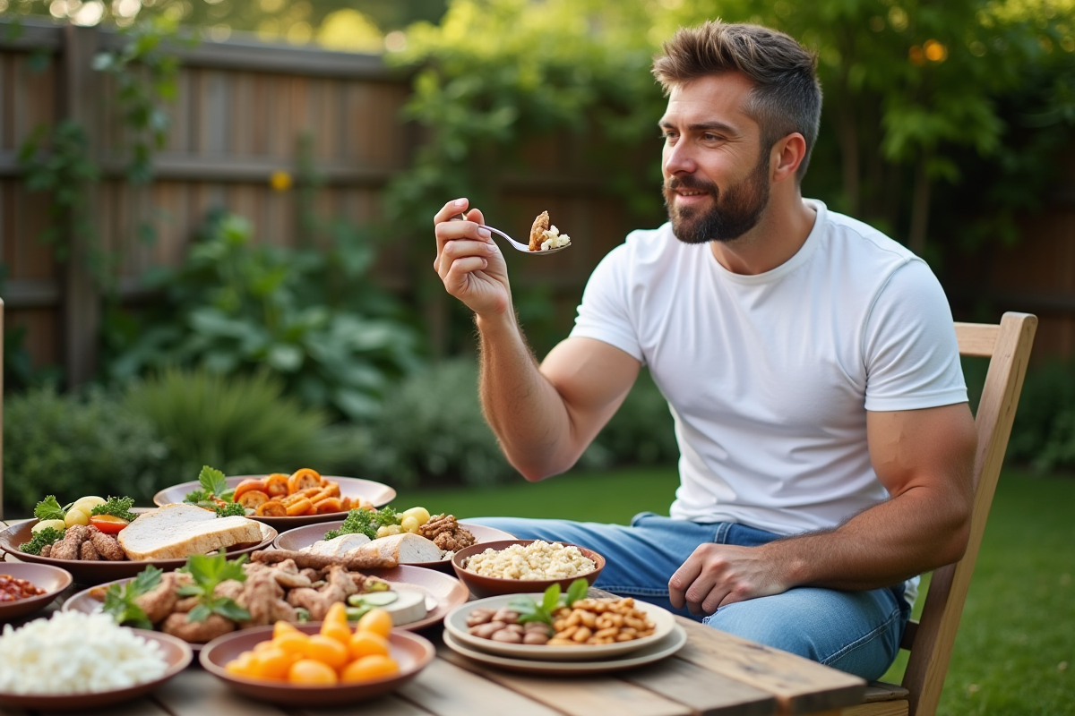 Homme en plein air dégustant un repas riche en protéines lors d