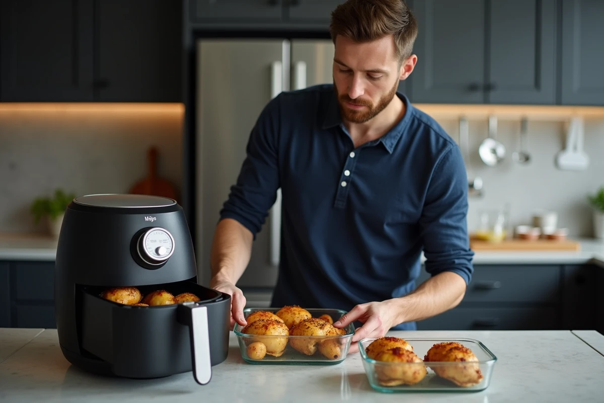 Homme portionnant du poulet et des pommes de terre dorées depuis un Air Fryer Ninja dans des boîtes repas pour la semaine