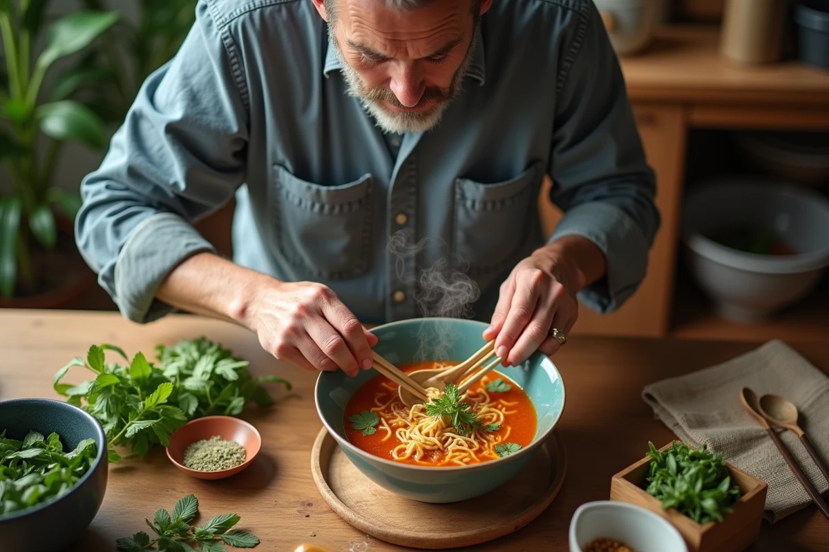 Homme en cuisine garnissant une soupe vermicelli dans la salle à manger