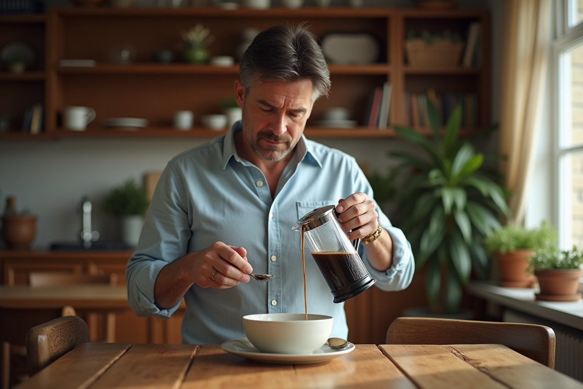 Homme versant du cafe avec une presse française dans une salle à manger