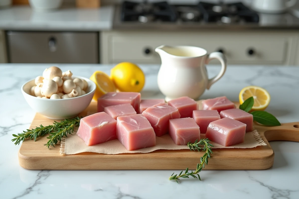Ingrédients frais disposés sur un comptoir en marbre pour préparer une blanquette de veau traditionnelle : veau, champignons, oignons grelots et crème