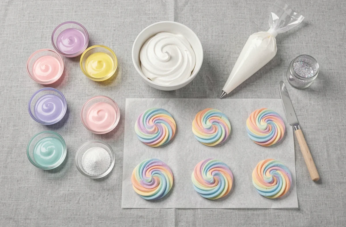 Mise en scène à plat des ingrédients et étapes de préparation des crottes de licorne en meringue arc-en-ciel sur une nappe en lin gris