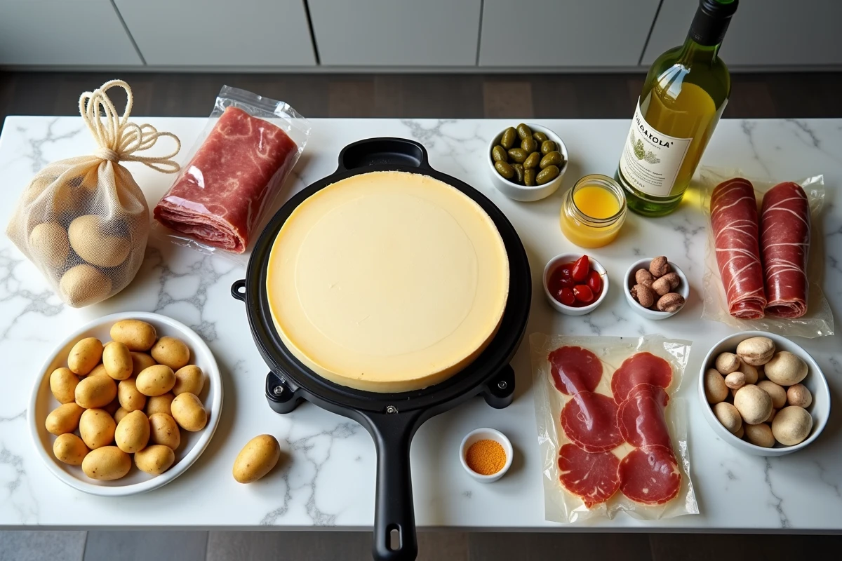 Vue du dessus de tous les ingrédients nécessaires pour préparer une raclette pour 10 personnes disposés sur un plan de travail en marbre