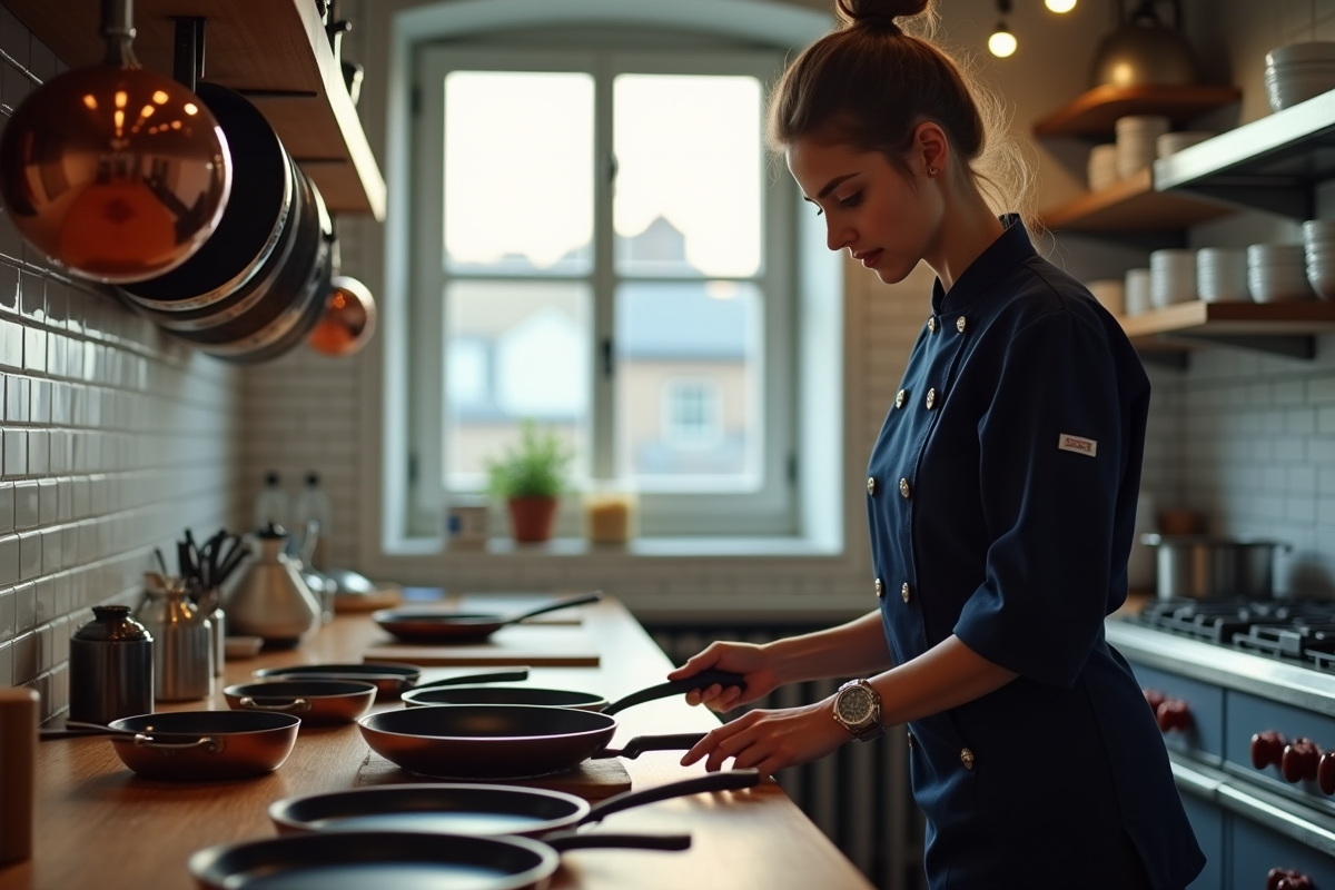 Jeune chef examinant des poêles sur un plan de travail