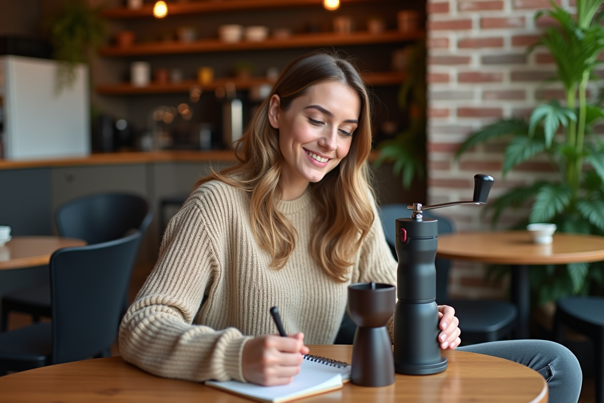 Jeune femme examine deux moulins à café dans un café