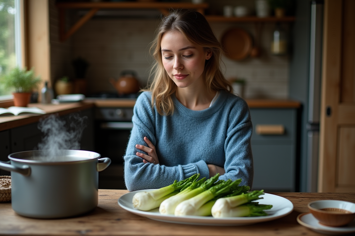 Jeune femme regardant des endives vapeur sur la table rustique