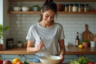 Jeune femme en cuisine mélangeant huile et vinaigre