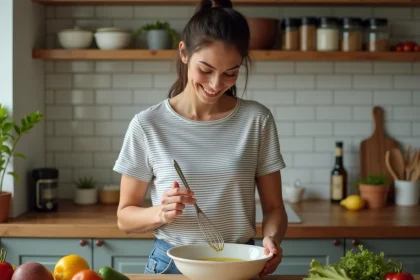 Jeune femme en cuisine mélangeant huile et vinaigre