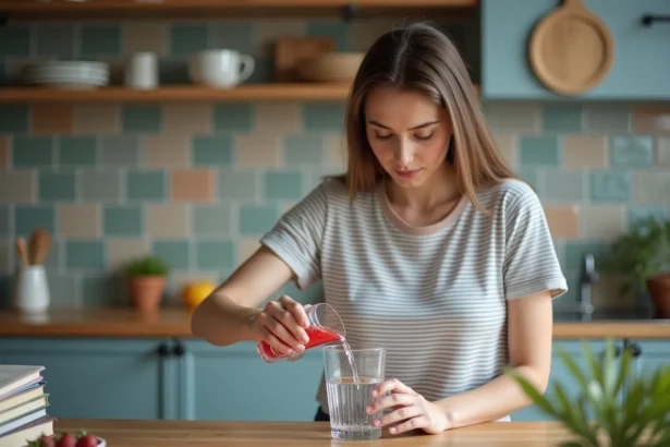 Jeune femme verse de l'eau dans un verre en cuisine