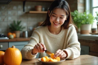 Jeune femme peignant un kaki dans une cuisine lumineuse
