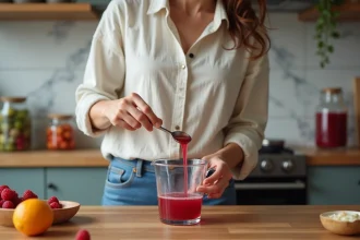 Jeune femme verse du sirop de framboise dans un verre en cuisine