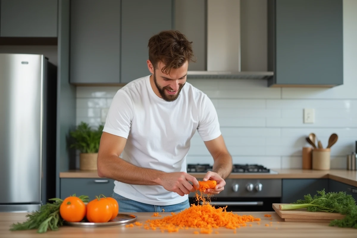 Jeune homme râpant vigoureusement des carottes dans une cuisine moderne