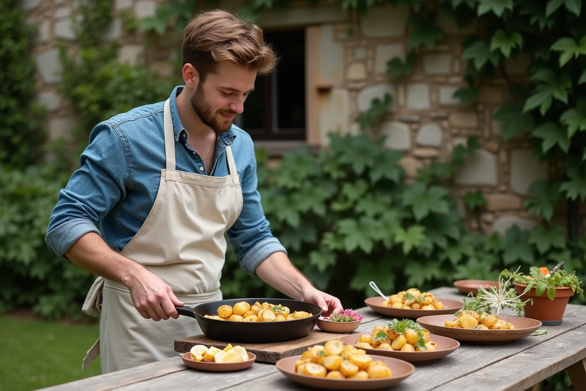 Jeune homme plaçant des pommes de terre rôties sur une table extérieure