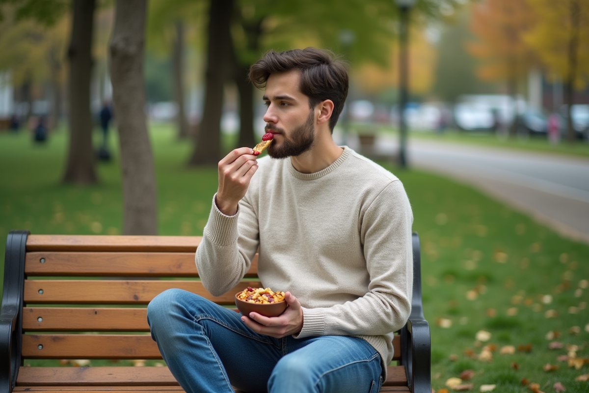 Jeune homme choisissant fruits secs dans un parc urbain