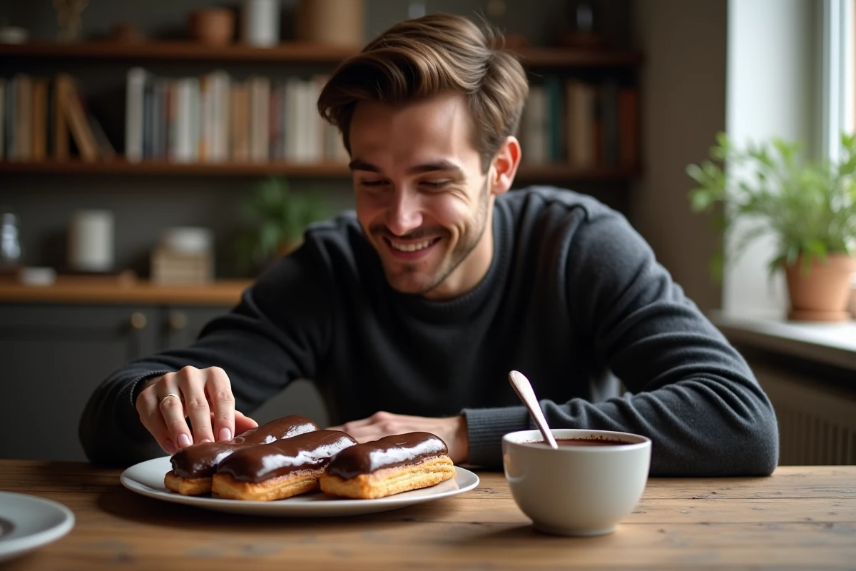 Jeune homme admirant des éclairs au chocolat sur une table rustique