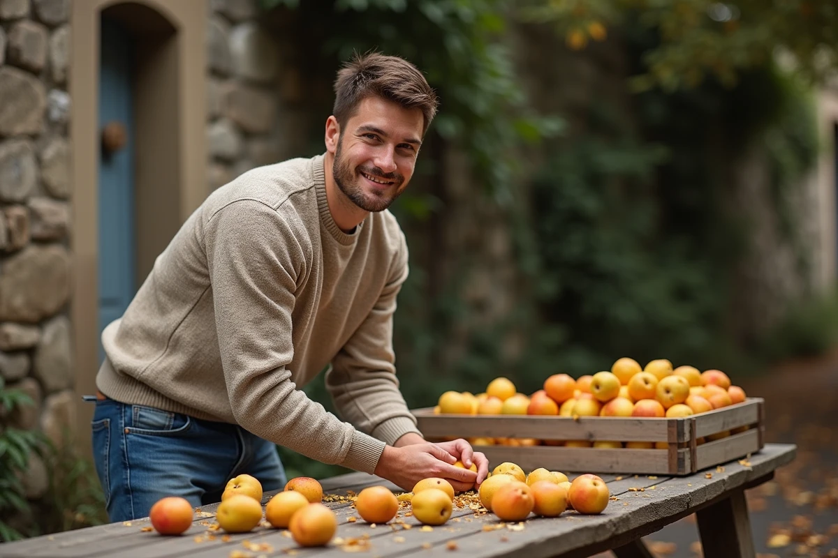 Jeune homme épluchant un quince en extérieur