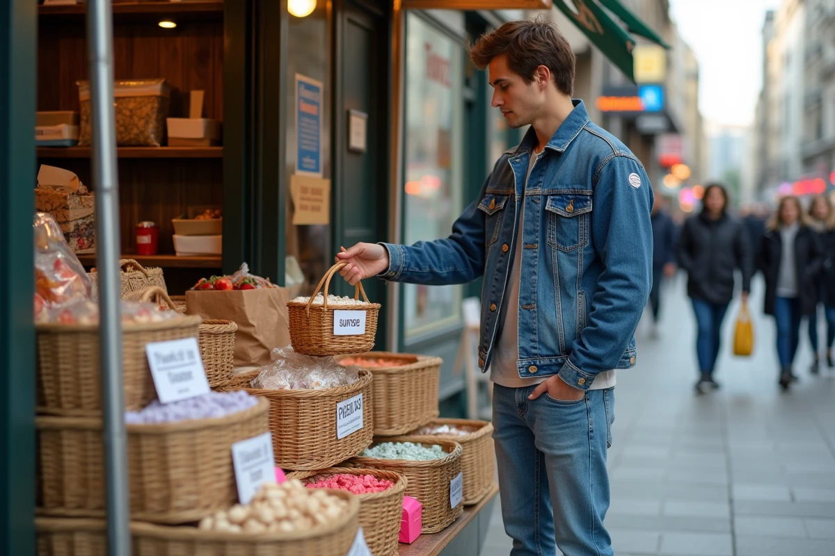 Jeune homme choisissant panier anti-gaspillage dans la rue